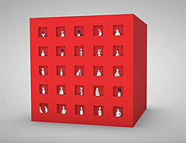 Rote Box mit Fenstern, aus denen verschiedene skizzierte Menschen schauen