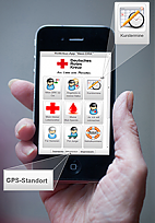 Hand mit Handy und Rotkreuz-App