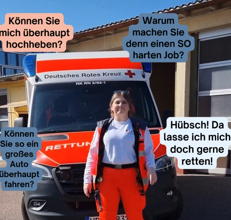 Screenshot eines Videos: Frau mit Sprechblasen zu Vorurteilen gegenüber Frauen