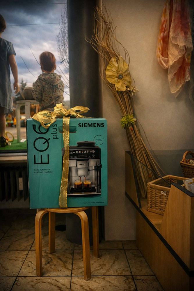 Eine Kaffeemaschine als Geschenk verpackt steht im Laden auf einem Holzhocker hinter dem Schaufenster