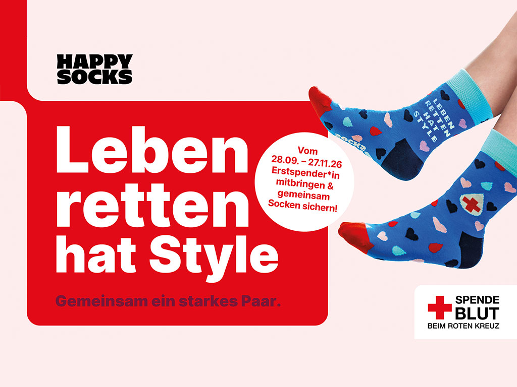 Leben retten hat Style - Vom 28.9. bis 27.11.26 Erstspender*in mitbringen und gemeinsam Socken sichern