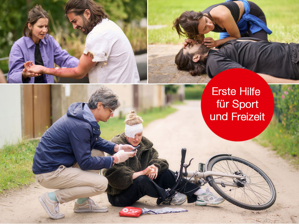Erste Hilfe für Sport und Freizeit: Ein Mann hat eine Brandverletzung, eine Joggerin macht bei einem Mann Wiederbelebung, ein Mann verarztet eine verletzte Radfahrerin