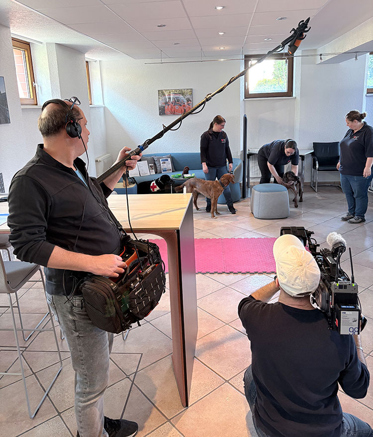 Ein Kameramann und ein Mitarbeiter des Filmteams mit einem Mikrofon filmen DRK-Mitarbeiter mit Hunden