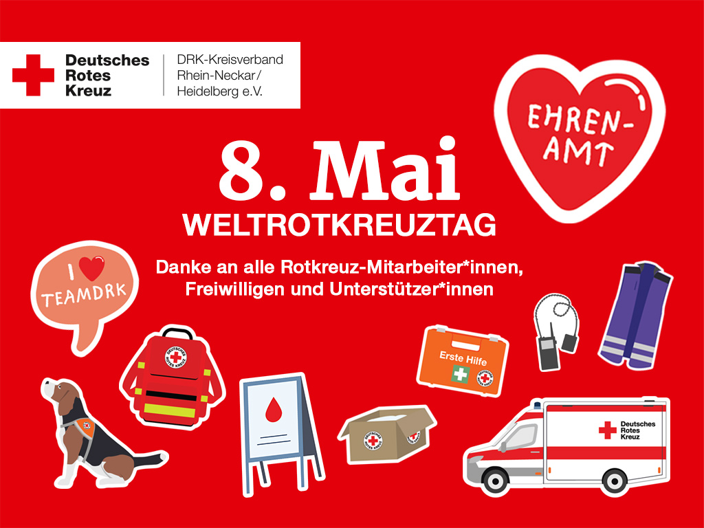 8. Mai Weltrotkreuztag, Sticker mit Symbolen wie Rettungswagen, Erste Hilfe Koffer, Rettungshund, Hilfspaket