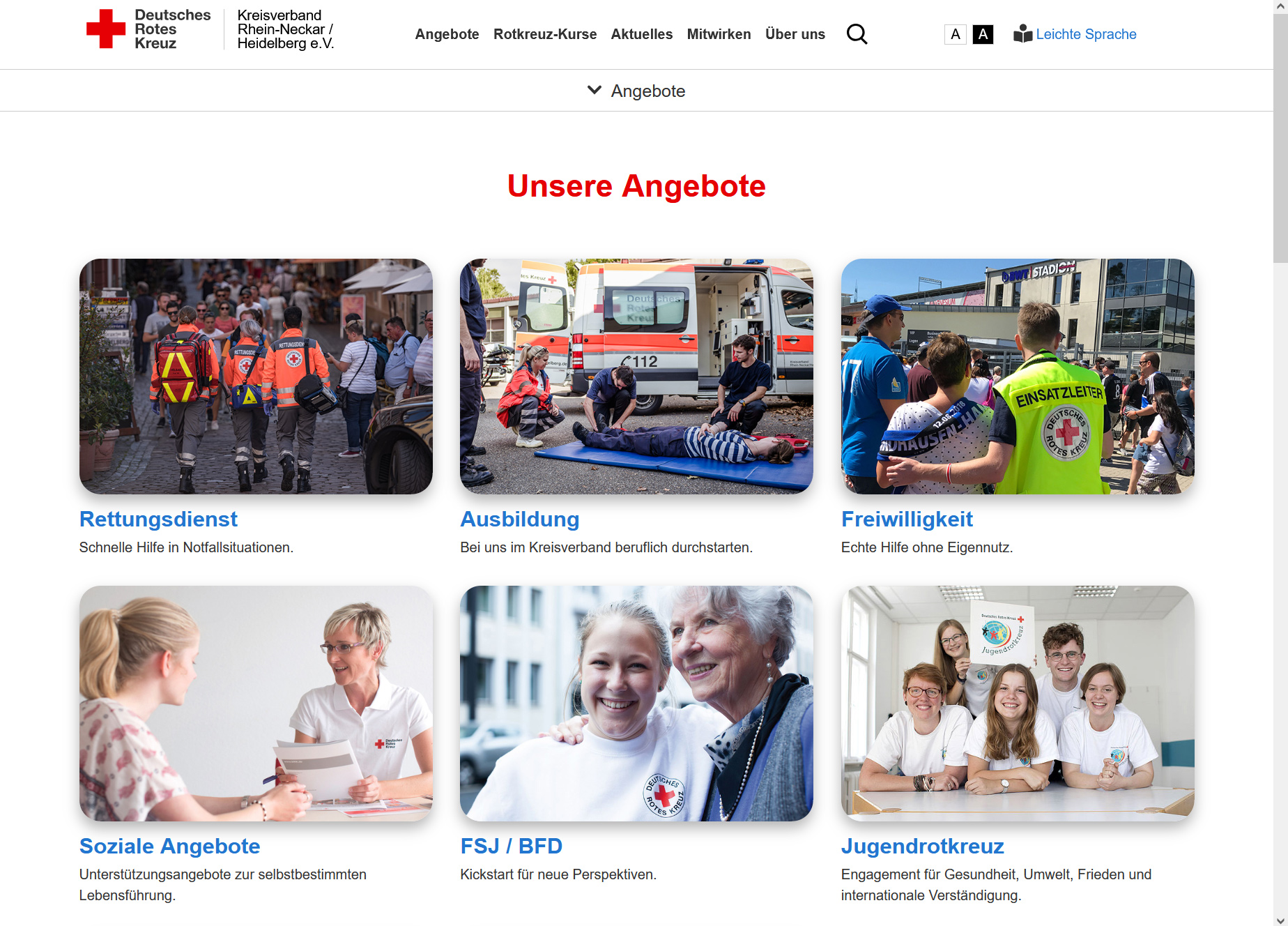 Übersichtsseite des Bereichs Angebote