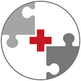 Symbol Einheit - zwei Puzzleteile und in der Mitte ein rotes Kreuz