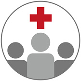 Piktogramm: Ein Kreis mit rotem Kreuz über zwei drei Menschensymbolen.