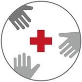 Symbol Unabhängigkeit - drei zueinender gerichtete Hände und in der Mitte ein rotes Kreuz
