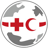 Piktogramm: Ein Kreis als angedeuteter Globus mit Kontinenten, der von einem Roten Band mit einem roten Kreuz und einem roten Halbmond umschlungen wird.